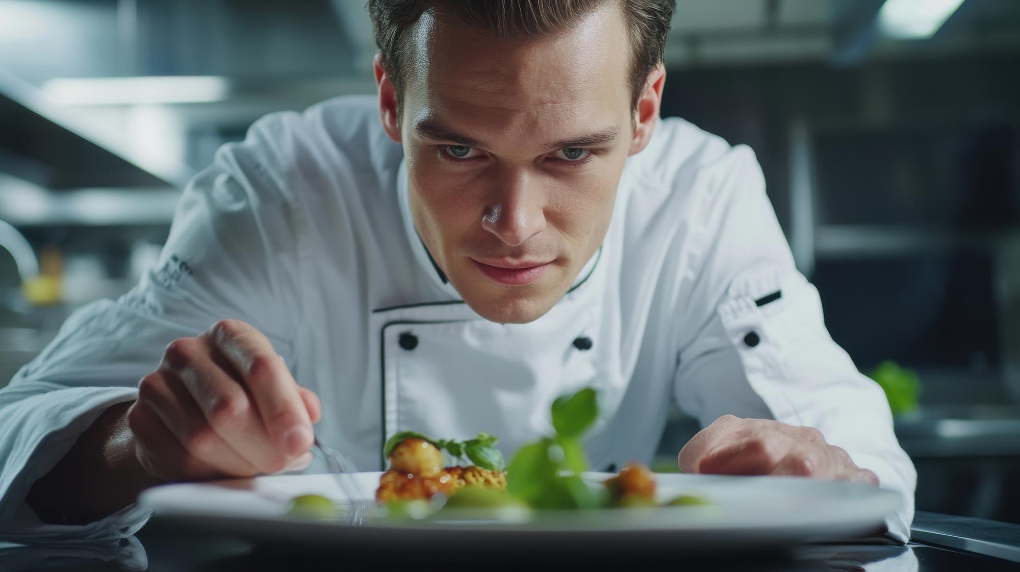 Instructor arranging plated dish on modern counter